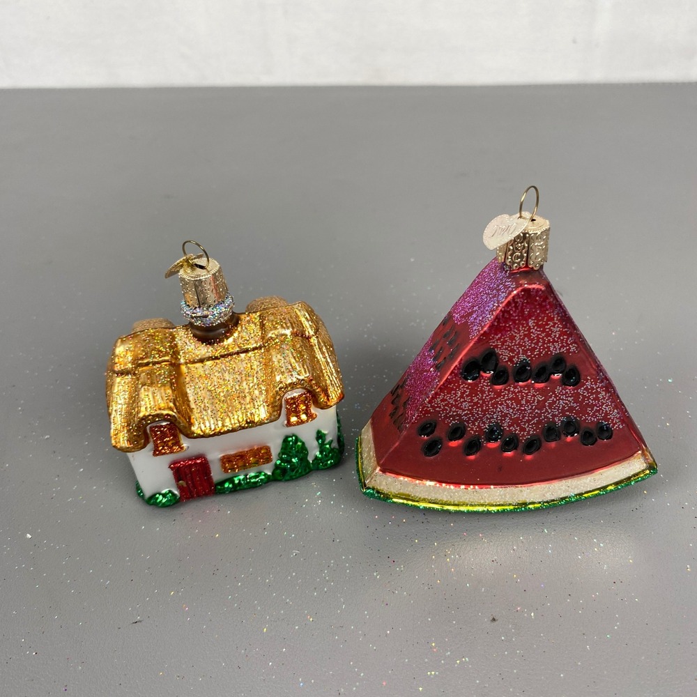 2 Old World Christmas Glass Glitter Holiday Ornaments Cottage & Watermelon Slice